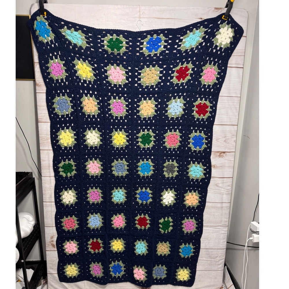 Handmade Crochet Granny Square Blanket Navy Blue Multi Color Boho Vintage Throw